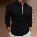 Detail of men's black ribbed long sleeve polo shirt featuring a sleek metal front zipper - S / Tops / Black