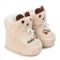 Detail view of cream fleece-lined baby cotton boots with cute bear ear design - Apricot