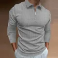 Detailed texture of grey men's long-sleeve polo shirt featuring vertical stripes and zipper - S / Tops / Light Gray