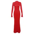 Front view detail of a sexy red long-sleeved mock neck bodycon maxi dress for women - S / Dress (D23D41026) / Red
