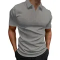 Close-up of men's gray polo shirt featuring a V-neck and vertical stripe texture - S / Tops / Light Gray