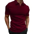 Burgundy short-sleeve polo shirt for men with vertical ribbed texture and V-neck - Wine Red