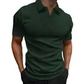 Close-up of men's dark green vertical ribbed polo shirt with V-neck detail - Dark Green