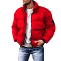 Detailed view of men's red stand-collar thickened puffer jacket with black arm patch - M / Tops / Burgundy