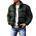 Close-up detail of men's dark green thick quilted puffer jacket with a stand collar - M / Tops / Army Green