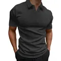 Close-up of the vertical ribbed fabric and V-neck design on a men's short sleeve polo shirt - S / Tops / Dark Gray