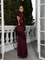 Elegant burgundy long-sleeved backless slim fit maxi dress for a sophisticated evening look - XS / Dresses / Burgundy