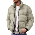 Stylish men's khaki beige winter puffer jacket with stand collar and zipper closure. - M / Tops / Off White