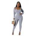 Detail of sexy grey ribbed knit jumpsuit set with U-neck straps and long sleeve shrug - S / Set / Light Gray