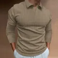Polo a maniche lunghe da uomo color marrone con texture a coste e scollo a V - Taglia S / Top / Kaki