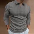 Polo da uomo grigia a maniche lunghe con motivo a coste e scollo a V elegante - Taglia S / Top / Grigio chiaro