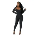 Sexy two-piece ribbed jumpsuit set with matching shrug and U-neck sling bodysuit. - S / Set / Black