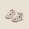 Lindas botas de nieve beige para bebé con estampado de oso, forro de vellón y suela antideslizante. - Beige