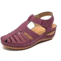 Vintage purple closed-toe wedge sandals with stylish cutout design and white stitching - 38 / Burgundy