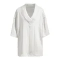 High-quality detailed texture of men's white cable knit V-neck short sleeve casual T-shirt. - White