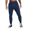 Detailed view of navy blue men's drawstring joggers with zip pocket and ribbed cuffs - S / Bottoms / Navy Blue