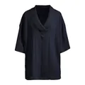 Detailed macro view of a dark blue knitted V-neck T-shirt with intricate cable patterns. - Navy Blue