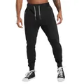 Close-up of black men's drawstring sweatpants with ribbed cuffs on model - S / Bottoms / Black