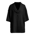 Front view of black men's loose V-neck knit T-shirt with intricate cable weave pattern - Black