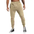 Detail view of khaki men's joggers with drawstring waist and zip pocket - S / Bottoms / Khaki