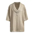 Close-up detail of a men's beige cable-knit V-neck short-sleeve sweater shirt - Khaki