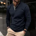 Stilvolles Herren Marineblau Waffelstrick Langarm Polo mit zweilagigem Stehkragen - Marineblau