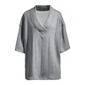 Close-up view of a men's loose casual cable-knit V-neck short sleeve T-shirt in grey - Light Gray