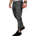 Grey slim-fit cargo pants for men with black side stripe and multi-pocket design - Gray