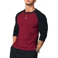 Detailed view of slim fit long sleeve Henley shirt with burgundy and black raglan sleeves - S / Tops / Red