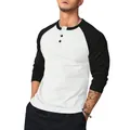Detailed view of a slim fit men's long sleeve raglan t-shirt with black contrast sleeves - S / Tops / White
