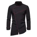 Front view of black long-sleeved shirt with red piping and asymmetric hem detail - S / Tops / Black