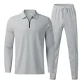 Men's light grey waffle knit long sleeve polo shirt and matching trousers two-piece set - S / Top And Bottom / Gray