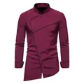 Burgundy long sleeve shirt with asymmetrical button closure and black piping details - S / Tops / Burgundy