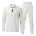 Men's waffle knit long sleeve polo and sweatpants 2-piece casual tracksuit set - S / Top And Bottom / White