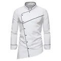 Front view of white long-sleeve men's shirt with asymmetrical black piping and mandarin collar - S / Tops / White