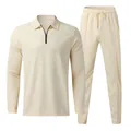 Men's premium two-piece cream waffle knit lounge set featuring a polo zip top and drawstring pants - Khaki