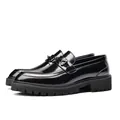 Men's glossy black cowhide loafers with thick lug soles and metal buckle detail - 37 / Black