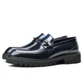 Premium men's navy blue patent leather loafers with thick lug soles and metal bit - 37 / Brushed Blue