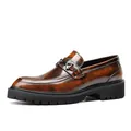 Polished brown leather loafers with thick lug soles and metal buckle detail. - 37 / Brushed Gold