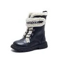Stylish black children's Martin boots featuring warm cream fleece lining and silver chain detail - 21 / Black Fleece Lined