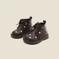 Toddler girl dark brown leather boots featuring delicate pink flower embroidery - Size 15 / Inner 12.0cm / Brown