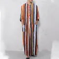 Men's loose striped long robe with stand collar and pockets, colorful ethnic style kaftan - 2XL / Robe / Orange
