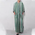 Men's loose fit vertical striped long thobe with stand collar and pockets in green stripes - 2XL / Robe / Greenish Gray Striped