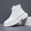 Trendy white high-top platform boots with front zipper for men, thick sole style - 38 / White