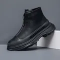 Trendy black thick-sole leather boot with a front zipper design for a modern casual look - 38 / All Black