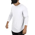 Vista detallada de camiseta blanca de manga larga para hombre con dobladillo curvo. - M / Tops / Blanco