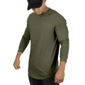 Vista detallada de una camiseta de manga larga verde oliva para hombre con dobladillo curvo - M / Tops / Verde Militar