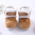 Soft brown plush baby winter boots with cute cartoon face and white faux fur lining. - Size 12 (Inner Length 10.5cm) / Brown (Rabbit Embroidery Style MX002)