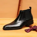 Men's black genuine leather Chelsea boots with pointed toe and engraved text details - 37 / British Chelsea Boots (89611) / Black
