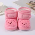 Soft pink plush baby winter boots with cute bear design and velcro straps. - Pink (Teddy Bear Patch Style)
